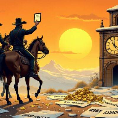 An illustration of a wanted poster with the image of two outlaws on horseback riding away into the sunset towards mountains covered in snow; one outlaw is holding a bag full of gold coins while the other holds up a tablet displaying cryptocurrency symbols. The background features an old-fashioned clock tower, its face shattered and broken. In the foreground, there are scattered papers with numbers and codes written all over them. A faint image of Utah's landscape can be seen in the distance behind the outlaws as they ride off into the mountains.