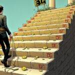 An illustration of a never-ending staircase with each step representing an ETF, leading up to a sign that reads "Solana" and has been partially torn away from its base; in the background, a cityscape is visible through broken windows. A figure at the top of the stairs looks down upon it all while holding onto a rope tied around their waist as they slide back towards the bottom step. The staircase's railings are made up of tiny dollar signs and coins that seem to be falling off into an abyss below, with some stuck in the cracks between steps.