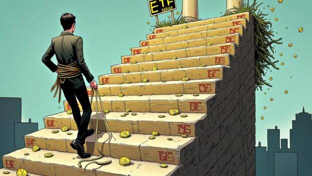 An illustration of a never-ending staircase with each step representing an ETF, leading up to a sign that reads "Solana" and has been partially torn away from its base; in the background, a cityscape is visible through broken windows. A figure at the top of the stairs looks down upon it all while holding onto a rope tied around their waist as they slide back towards the bottom step. The staircase's railings are made up of tiny dollar signs and coins that seem to be falling off into an abyss below, with some stuck in the cracks between steps.