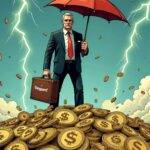 An illustration of a stern-looking businessman in a suit standing on top of a pile of coins labeled 'crypto', looking down at them with disdain while holding onto a briefcase marked 'Vanguard'. The background is filled with falling dollar signs. In his other hand he holds an umbrella, symbolizing protection from the storm below. He's surrounded by clouds and lightning bolts that resemble financial market downturns. A faint image of Jack Bogle can be seen in the corner, smiling at the businessman as if approving of his actions.