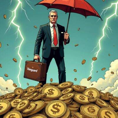 An illustration of a stern-looking businessman in a suit standing on top of a pile of coins labeled 'crypto', looking down at them with disdain while holding onto a briefcase marked 'Vanguard'. The background is filled with falling dollar signs. In his other hand he holds an umbrella, symbolizing protection from the storm below. He's surrounded by clouds and lightning bolts that resemble financial market downturns. A faint image of Jack Bogle can be seen in the corner, smiling at the businessman as if approving of his actions.