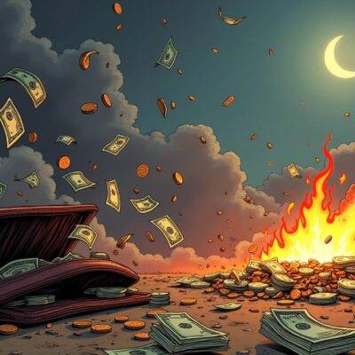 An illustration of an empty wallet with cash flying out in all directions. A broken piggy bank lies nearby surrounded by scattered coins that are being swept away like autumn leaves on the wind. In the background, flames engulf what appears to be a stack of worthless stock certificates while smoke billows into the air above. The overall scene is set against a darkening sky with clouds gathering ominously in shades of grey and purple. A faint crescent moon glows dimly overhead as if trying to pierce through the gloom below.