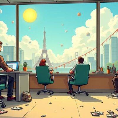An illustration of a VC firm's office with empty chairs, while outside people are enjoying sunshine and playing games; inside there is only one person sitting at his desk looking out the window. The background shows Bitcoin and Ether charts rising steadily up to now but then dropping down sharply in an uncertain future direction. A few broken toys lie on the floor near a trash can labeled 'burnt-out trends'. In another corner, people are playing cards with some of them wearing masks indicating they're trying to hide their faces from something.