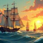 An illustration of a ship navigating through stormy waters towards a calm sea at sunset with its sails filled by wind from behind; in front of it is an island representing stability and security while on either side are two smaller ships symbolizing speed and transparency respectively, all connected to the main vessel via ropes signifying balance between them. The background features subtle waves indicating movement but also hints at a sense of calmness as they approach their destination.