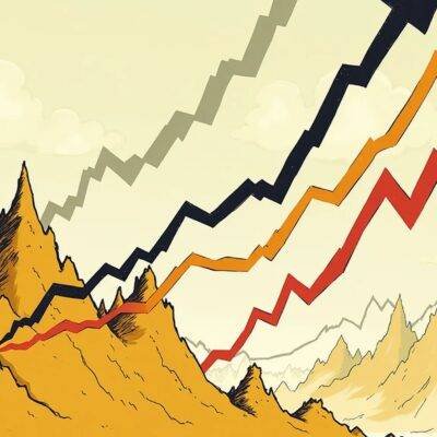 An illustration featuring a stylized chart with an inverse head and shoulders pattern forming at its bottom half; above it is depicted a rising trend line intersecting multiple peaks representing significant highs in gold prices. A large arrow pointing upwards from this intersection indicates momentum building towards higher values, while nearby smaller arrows suggest further increases ahead. In the background of the illustration are faintly visible several other charts with similar patterns forming but at different stages;