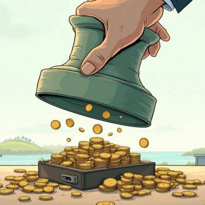 An illustration of a large paperweight crushing an empty wallet with scattered coins around it as two figures in business attire stand on either side looking concerned. One figure is holding a briefcase while the other holds a tablet displaying Seychelles' flag, both are surrounded by faint lines resembling office cubicles and computer screens showing virtual asset charts. In the background there's a subtle image of an island landscape with palm trees swaying in the wind. The overall atmosphere conveys a sense of caution and regulation amidst innovation.