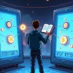 An illustration of Vitalik Buterin standing in front of two large screens displaying different blockchain networks (Polygon and Base) with coins flowing between them through secure lockboxes; he holds up an open book containing the ERC-7683 standard code. In the background, a cityscape represents decentralized platforms coming together for improved interoperability. A multisignature wallet is shown at his feet as if it's been left behind in haste.