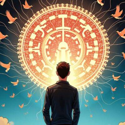 An illustration of Vitalik Buterin standing in front of an abstract representation of blockchain technology with multiple interconnected nodes; he is surrounded by a swarm of small birds representing diverse ideas flying towards him from different directions; some birds are carrying tiny flags or banners symbolizing cooperation, collaboration, and pluralism; the background features subtle hints at decentralized systems, such as scattered gears and circuitry patterns.