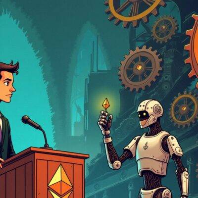 An illustration of Vitalik Buterin standing at a podium with a confident expression, surrounded by gears and cogs representing technological development, while holding a rope that is tied around the base of a runaway train in the background, symbolizing control over accelerationism; next to him stands an AI robot wearing a helmet and looking cautious, as it holds up a shield emblazoned with the Ethereum logo