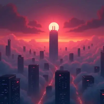 A futuristic cityscape at dusk is shrouded by a mysterious fog that seems to swallow everything in its path. In the distance, a sleek VPN server rises above the mist, emitting a warm glow of security and protection. The image conveys a sense of mystery and danger lurking outside, while the VPN stands as a beacon of safety within.