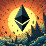 A comic-style illustration of an Ether price chart with sharp spikes and dips, set against a background of swirling cryptocurrency symbols. A large 'ETH' logo dominates the center, surrounded by smaller icons representing wallets, exchanges, and blockchain transactions.