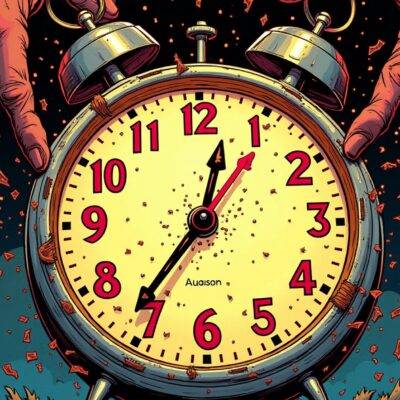 An illustration of an Indian Standard Time clock striking 6:00 pm on August 15th with its hands moving towards midnight, while above it is shown a WazirX logo being torn apart by two opposing forces representing Liminal and WazirX in the background; at the bottom left corner there's a faint image of a hacker trying to escape from an invisible net. The illustration style should be comic book-inspired with bold lines and vibrant colors, conveying tension and conflict between the parties involved.