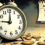 An illustration of a clock stuck at midnight on July 18th, surrounded by scattered coins with some missing from their spots; in the background, a calendar shows August 16th marked as "update day" but still no clear date for withdrawals; nearby, an anxious figure looks up at the clock