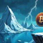 An illustration: A Viking warrior stands at the edge of an icy cliff overlooking a frozen lake where several large icebergs are floating with their tops hidden beneath the surface; in his hand he holds a shield emblazoned with the Wrapped Bitcoin logo and on top of it rests three massive WBTC coins, while behind him lies a dark stormy sky filled with lightning bolts. The Viking warrior is dressed in furs and has an axe slung over his shoulder as if ready to face any impending doom;
