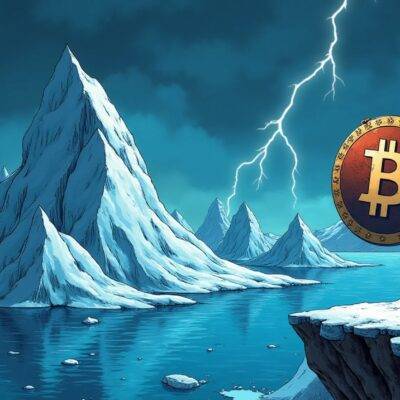 An illustration: A Viking warrior stands at the edge of an icy cliff overlooking a frozen lake where several large icebergs are floating with their tops hidden beneath the surface; in his hand he holds a shield emblazoned with the Wrapped Bitcoin logo and on top of it rests three massive WBTC coins, while behind him lies a dark stormy sky filled with lightning bolts. The Viking warrior is dressed in furs and has an axe slung over his shoulder as if ready to face any impending doom;