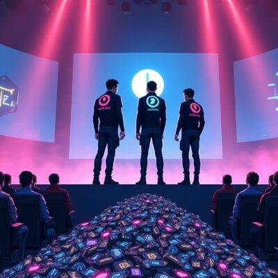 An illustration depicting three game developers standing on stage at an empty conference hall. They are all wearing futuristic outfits with glowing accents that reflect their company logos: Anomaly Games, World3, Helika. The background is filled with screens displaying various Web 3 gaming elements such as blockchain chains and cryptocurrency symbols while the foreground shows a large pile of NFTs spilling out from under the stage. A faint image of Telegram's logo can be seen in the top right corner.