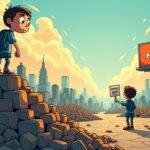 An illustration: A cartoon figure with a defeated expression stands on top of a pile of broken blocks, surrounded by empty game boxes and discarded tokens; another character is shown walking away from the scene holding a Steam-like platform sign in one hand while looking back at the destroyed landscape. The background features a cityscape that resembles Web2 gaming hubs but now lies abandoned due to the decline of NFTs and blockchain games. A faint image of Donald Trump can be seen on a billboard, with Kanpai Pandas characters scattered around it;