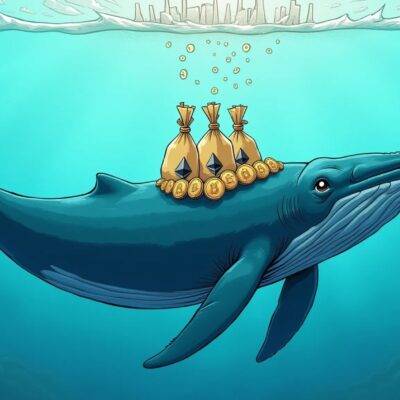 An illustration of an underwater scene with a whale swimming towards the surface holding onto large bags filled with Ether tokens and coins, while above water there is a faint image of a price chart showing resistance lines at $2,700; in the background are subtle waves representing market fluctuations. The atmosphere around the whale appears calm but tense as it approaches the next level up on its journey to recovery. In contrast, ripples from below indicate uncertainty and instability beneath the surface. A gentle breeze carries faint echoes of a recovering price line above water.