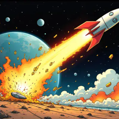 A comic illustration showing a rocket ship blasting off into space with dollar signs trailing behind it, while another spaceship crashes to earth amidst flames and smoke.