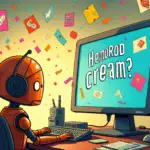 A cartoon chatbot sits at a desk with a bewildered expression as it's bombarded by ads floating around its head like confetti. A giant hemorroid cream ad dominates one corner of the screen while other smaller ads clutter up the background, each more garish than the last.