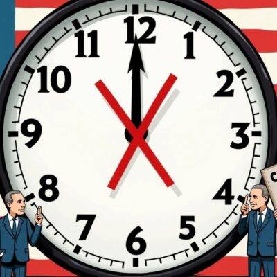 An illustration of a clock ticking down from 101 days to zero with the background showing an American flag and two opposing political party logos (Democratic Party logo on the left and Republican Party logo on the right) facing each other. A red "X" is marked through both logos, symbolizing disapproval or rejection. In front of the clock are three figures: one representing a politician from the Democratic side with their hand extended in an open gesture; another figure represents a cryptocurrency industry supporter holding up a sign that reads "Fair Treatment";