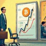 An illustration of a businessman dressed in suit holding a briefcase standing next to an empty chair. In front of him is a large graph showing rising values while another smaller graph shows falling numbers with a red line through it. The background has two screens displaying different images: one screen displays the Bitcoin logo and the other displays a group of people working together around a table, all smiling at each other. A small chart in the corner reads '2.7 billion'.