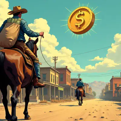 An illustration of a cowboy riding into town with a bag full of dollars and a digital stablecoin icon floating above him, as he approaches a cityscape with buildings labeled 'Faster', 'Cheaper', and 'Stable' in the background.