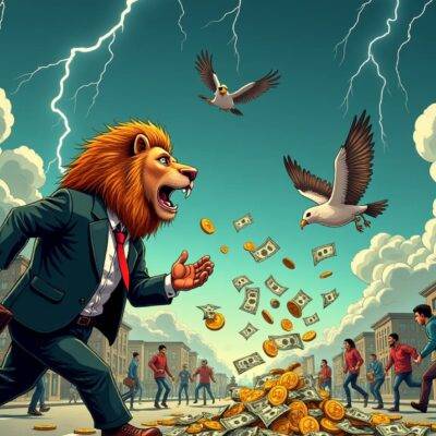 An illustration of a British lion wearing a suit with an open briefcase spilling out stacks of US dollars and Bitcoin coins onto a city street filled with people running away from falling currency notes. The lion looks worried as it tries to catch the money, while in the background there's a large Xapo Bank logo on top of a building. In the sky above are two birds flying towards each other carrying small bags of gold coins between them.  A big storm cloud looms over the scene with lightning bolts striking down into the city streets.