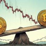 An illustration of a seesaw with Bitcoin at one end and altcoins at the other, as if they are being weighed against each other; in the background, prices swing wildly like pendulums on either side of equilibrium; above them, a graph shows price movements over time, dipping down sharply to indicate potential losses