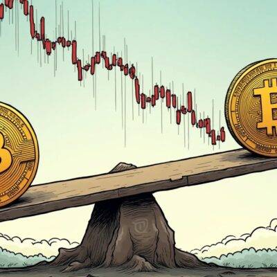 An illustration of a seesaw with Bitcoin at one end and altcoins at the other, as if they are being weighed against each other; in the background, prices swing wildly like pendulums on either side of equilibrium; above them, a graph shows price movements over time, dipping down sharply to indicate potential losses
