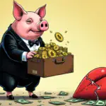 A pig in a tuxedo stands on its hind legs, holding a briefcase filled with $5 million worth of tether cryptocurrencies, while a broken heart lies nearby amidst scattered dollar bills and shattered glass.