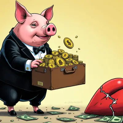 A pig in a tuxedo stands on its hind legs, holding a briefcase filled with $5 million worth of tether cryptocurrencies, while a broken heart lies nearby amidst scattered dollar bills and shattered glass.