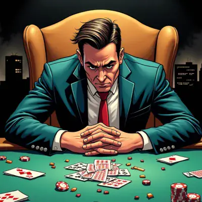 A cartoonish illustration depicting a poker table with chips and cards scattered everywhere, surrounded by empty glasses and cigarette butts. A suited figure sits at the center, slumped over his chair, looking defeated as he stares down at a losing hand of cards. In the background, a cityscape fades into darkness, suggesting financial ruin.