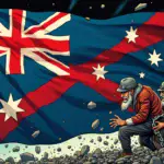 An illustration of the Australian flag with a red 'X' marked through it, surrounded by broken chains and shattered glass, while in the background Kraken's logo is seen being dragged away by two figures representing ASIC and Justice.