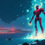 A stylized illustration of the San Francisco cityscape at night with neon lights reflecting off the water below. In the foreground, a futuristic robot rises from the bay, surrounded by swirling clouds and sparks. The robot's arms stretch outwards as it releases tiny AI agents into the air, which take shape as glowing orbs that scatter in all directions.