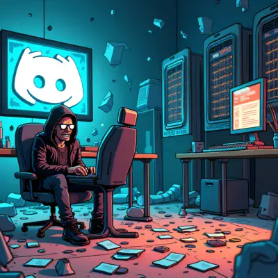 A cartoon Discord server room in disarray: a hacker sits at a computer with a sly grin, while users frantically click on links amidst chaos; two-factor authentication symbols are scattered around the floor, seemingly powerless to stop the breach.