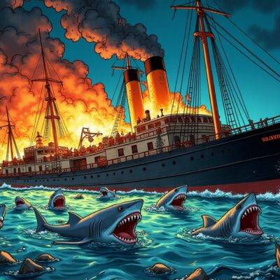 An illustration of a sinking ship with flames engulfing its hull and debris scattered in the water below, surrounded by sharks representing various crypto-related catastrophes: one shark labeled as "Scam App", another as "Illegal Miners" and several others symbolizing losses and threats to investors; above the wreckage, dark clouds gather with lightning bolts striking down