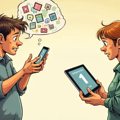 A cartoon illustration depicting a frustrated person trying to navigate through multiple complicated screens on their phone, while another character representing simplicity stands next to them holding a tablet with an easy-to-use interface and a big '1' button.