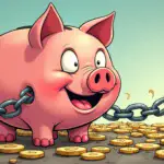 A cartoon illustration of a smiling piggy bank surrounded by coins with chains attached to it, broken free from the chain as a key unlocks its lock in the background.