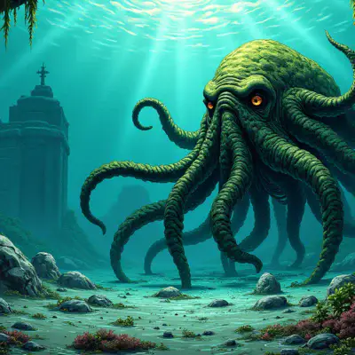 A chaotic underwater scene with Cthulhu emerging from the depths, surrounded by tentacles and seaweed. In the background, a cryptic ancient temple looms in ruins.