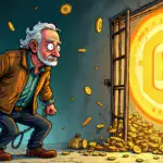 A cartoonish illustration depicting an old man (61) surrounded by chains and bars, with money bags overflowing from his pockets as he's being dragged away in handcuffs towards a prison cell door with '20 Years' written on it. In the background, a giant cryptocurrency symbol looms large amidst swirling coins.