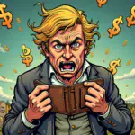 A cartoonish illustration depicting a person surrounded by dollar signs with their face contorted in distress as they clutch at an empty wallet, while behind them lies a graveyard of failed economies marked 'CBDC'.