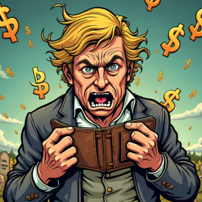 A cartoonish illustration depicting a person surrounded by dollar signs with their face contorted in distress as they clutch at an empty wallet, while behind them lies a graveyard of failed economies marked 'CBDC'.