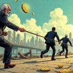 An illustration of an old man holding onto a rope that is being pulled away from him by two younger men in suits running towards the future with Zcash coins flying out behind them while he looks back at his declining price chart on the ground next to him. The background shows a cityscape with buildings and bridges connecting different networks, some of which are crumbling or destroyed as they fall into disrepair. In the distance, new modern skyscrapers rise from the ashes representing progress and innovation.