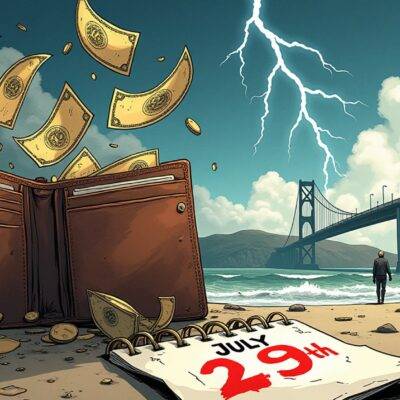 An illustration depicting an empty wallet with torn pages falling out as money is being blown away by strong winds in the background; A broken bridge lies on the ground nearby, while a few scattered ZKAS tokens are visible. In the distance, two figures (representing team members) can be seen walking away from the scene without looking back. The sky above has dark clouds with lightning bolts striking down towards the empty wallet. At the bottom of the illustration is an image of a calendar page torn out to reveal only July 29th marked in red ink;