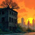 An illustration of an abandoned factory with broken windows and overgrown vegetation in front of a cityscape at sunset; a large tree grows out of the rooftop where birds are nesting; smoke rises from the chimney as if there is still activity inside, but it's unclear what that might be. In contrast to the decaying structure on one side, sleek skyscrapers stand tall and modern across the street with people walking by in suits or business attire, seemingly unaware of the factory’s presence. The sky above transitions into a deep orange hue as night begins to fall;