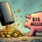 A  illustration depicting a giant hammer crushing a piggy bank with $12 million written on it in coins, while a small pile of money ($20) lies nearby, surrounded by broken chains and shattered glass representing the MEV bot's failed attack.