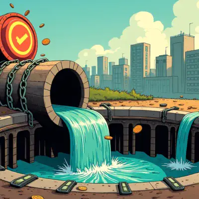 A  illustration depicting a giant drain pouring money into the ground ($16 million), surrounded by broken chains and shattered locks (representing failed attempts at securing it). In the background, a cityscape of Web3 projects is shown with Hypernative's logo prominently displayed on top. A few scattered coins are seen flying out of the drain, symbolizing wasted resources.