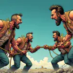 A  illustration depicting a group of blockchain titans frantically holding onto each other, with ropes made from twine connecting them together as they stand on shaky ground amidst swirling clouds.