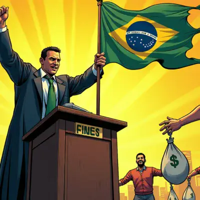 A  illustration of a Brazilian flag-waving judge (Alexandre de Moraes) standing triumphantly over two defeated figures representing Starlink and X, with money bags being handed out in the background as they are dragged away by chains labeled 'Fines'.